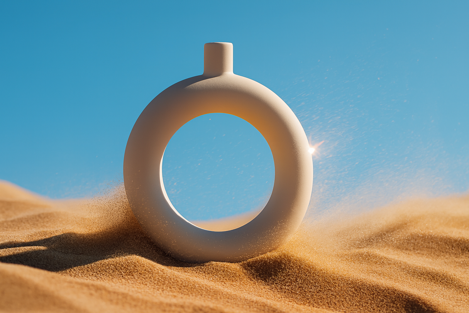 Vase avec ciel bleu, reflets de soleil et sable soulevé par le vent