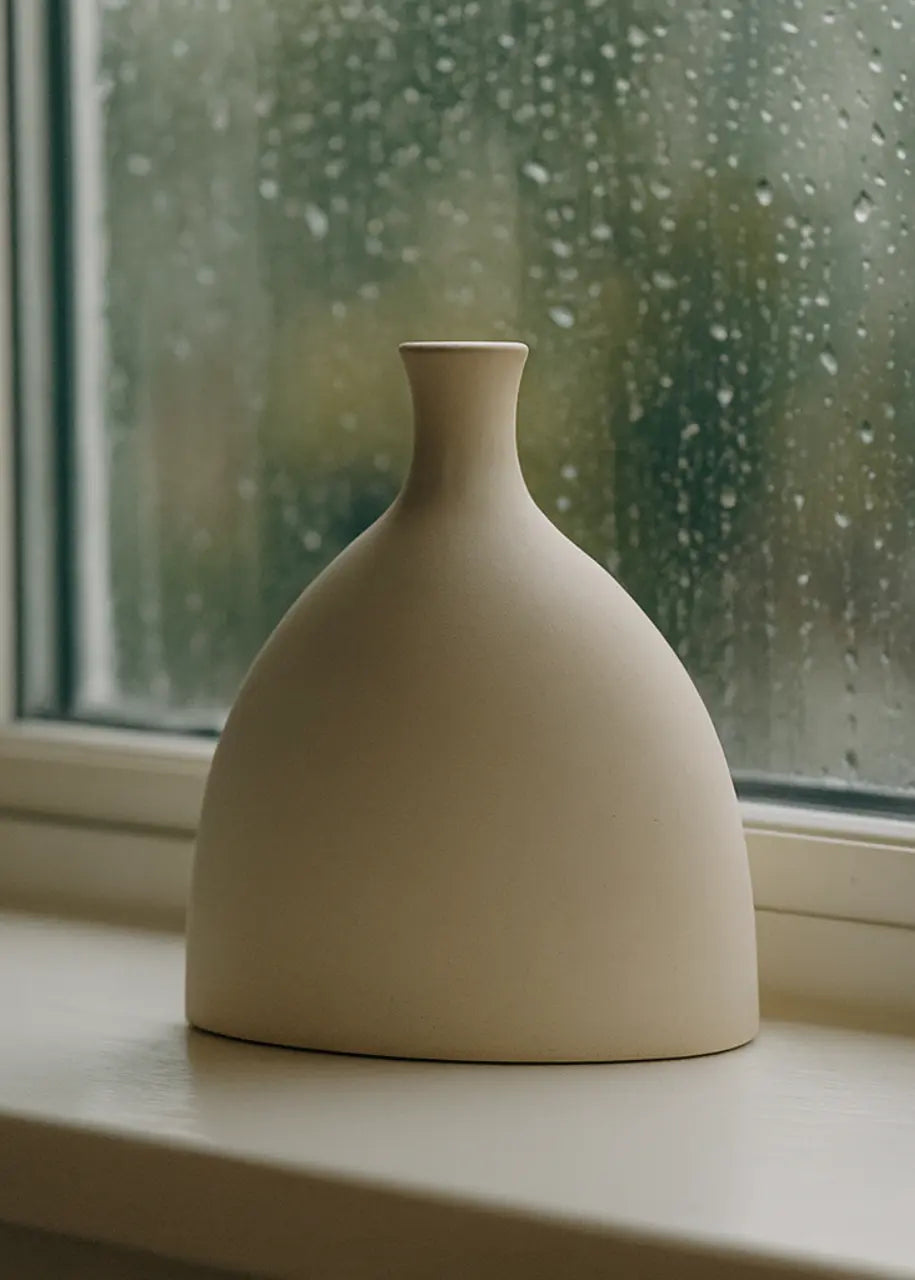 Vase sur rebord de fenêtre avec pluie