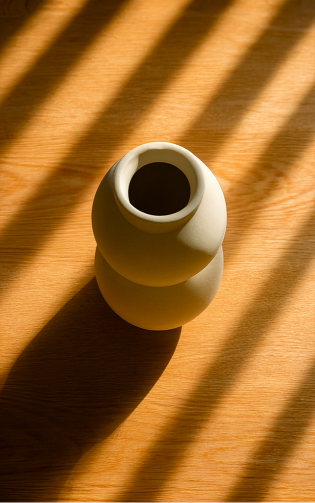 Vase vu d'en haut sur table avec forte lueur de soleil